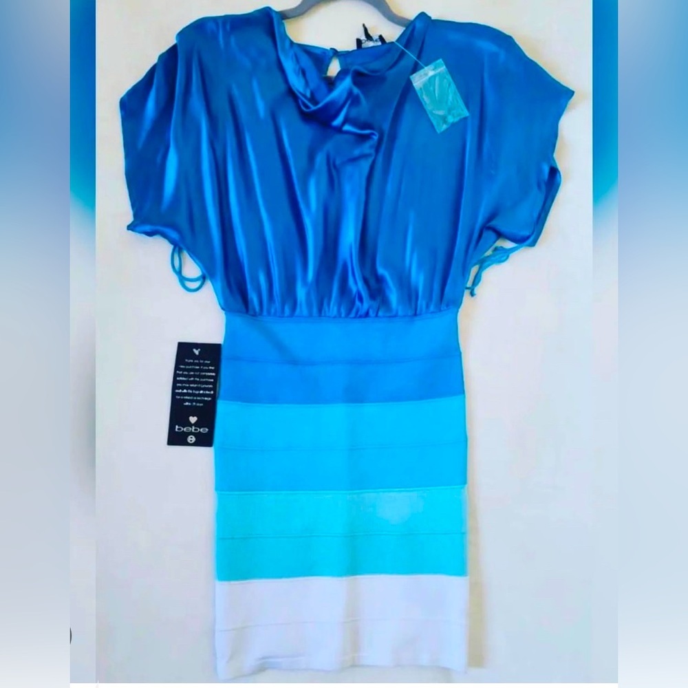 BEBE Vintage Teal and white striped cocktail evening mini bodycon dress